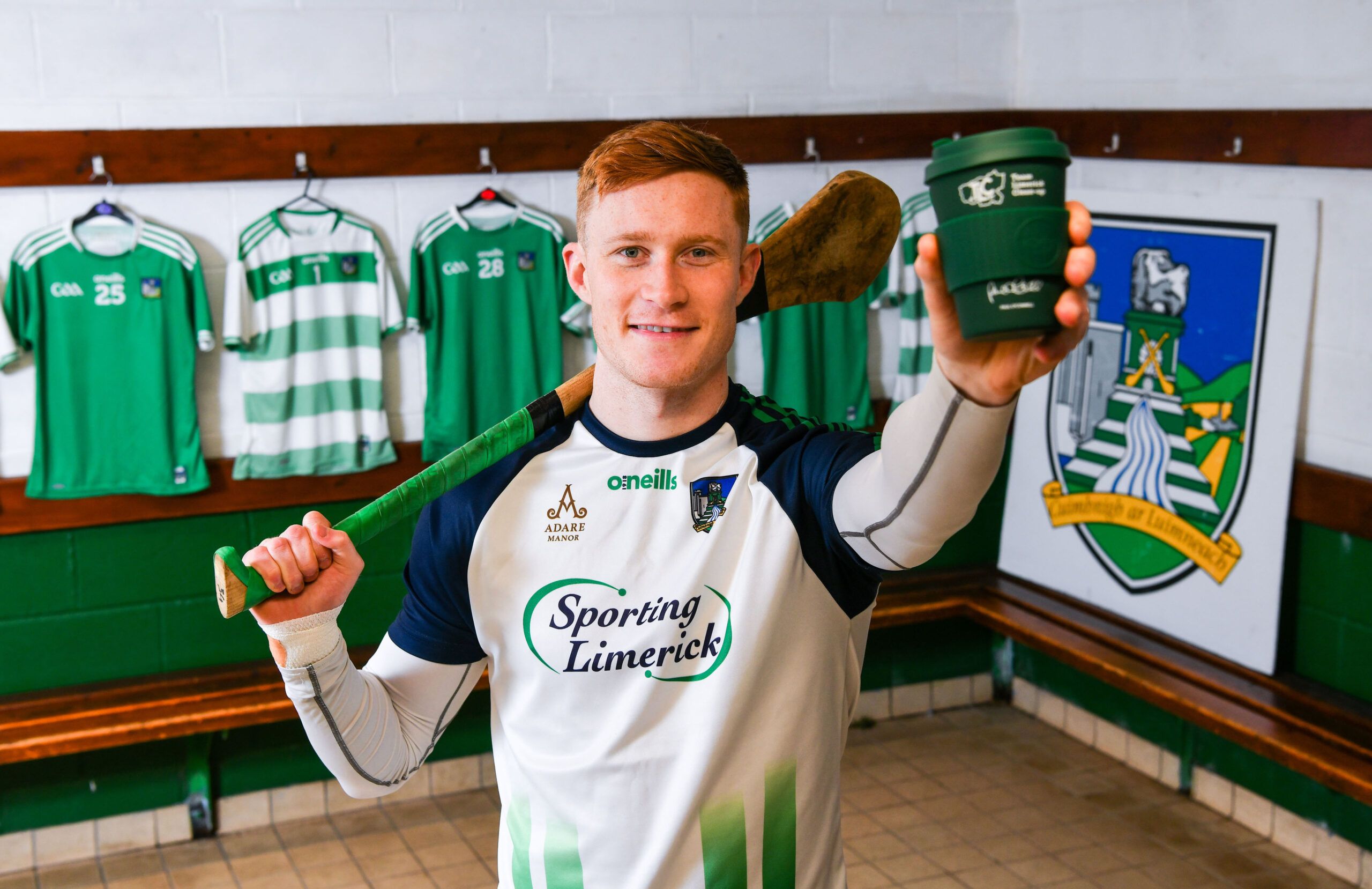 Limerick hurler William O'Donoghue with the new TLC reusable coffee cup.
Photo by Diarmuid Greene